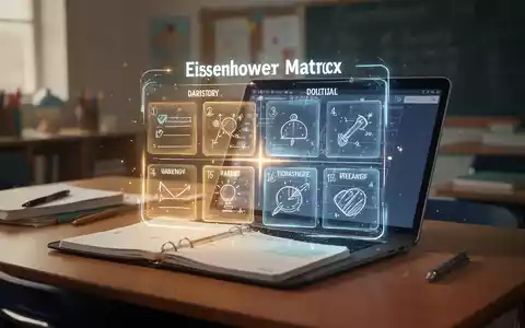 Ein Schreibtisch einer Lehrkraft mit einer stilisierten, leuchtenden Eisenhower-Matrix über einem Planer, der Aufgabenpriorisierung symbolisiert. - Foto: über boerse-global.de