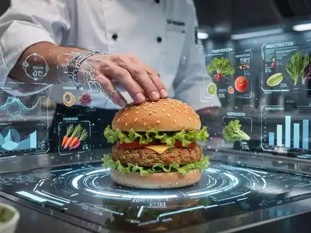 Eine Hand eines Kochs platziert einen KI-entworfenen pflanzlichen Burger auf einer leuchtenden digitalen Oberfläche, umgeben von Datenvisualisierungen. - Foto: über boerse-global.de