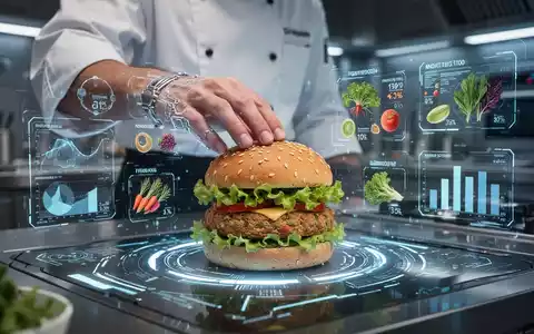 Eine Hand eines Kochs platziert einen KI-entworfenen pflanzlichen Burger auf einer leuchtenden digitalen Oberfläche, umgeben von Datenvisualisierungen. - Foto: über boerse-global.de