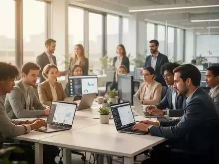 Eine Gruppe von Fachleuten arbeitet in einem modernen, flexiblen Büro und im Homeoffice, mit Fokus auf Technologie und Work-Life-Balance. - Foto: über boerse-global.de