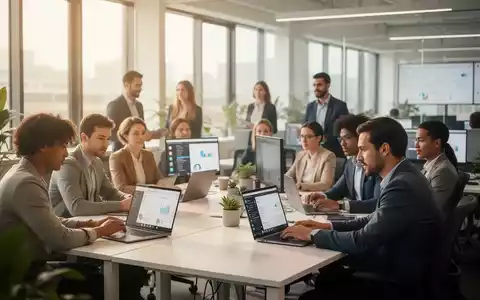 Eine Gruppe von Fachleuten arbeitet in einem modernen, flexiblen Büro und im Homeoffice, mit Fokus auf Technologie und Work-Life-Balance. - Foto: über boerse-global.de