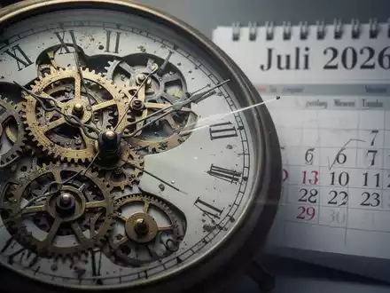 Ein stilisiertes Zifferblatt mit Zahnrädern und einem Kalenderblatt 'Juli 2026' symbolisiert Arbeitszeit und Rechtsänderungen. - Foto: über boerse-global.de