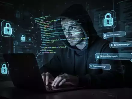 Verschwommene Gestalt in Kapuzenjacke tippt auf Laptop, leuchtende Codezeilen auf das Gesicht projiziert. - Foto: über boerse-global.de