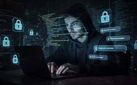 Verschwommene Gestalt in Kapuzenjacke tippt auf Laptop, leuchtende Codezeilen auf das Gesicht projiziert. - Foto: über boerse-global.de