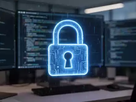 Ein leuchtendes blaues digitales Schlosssymbol vor einem verschwommenen Hintergrund eines modernen Büros mit Computern, das unzureichende MFA-Sicherung symbolisiert. - Foto: über boerse-global.de