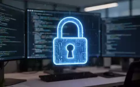 Ein leuchtendes blaues digitales Schlosssymbol vor einem verschwommenen Hintergrund eines modernen Büros mit Computern, das unzureichende MFA-Sicherung symbolisiert. - Foto: über boerse-global.de