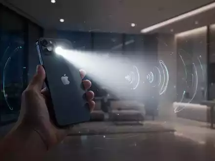 Eine Hand hält ein iPhone, dessen Taschenlampe einen dunklen Raum hell erleuchtet, als Symbol für Sprachsteuerung und Barrierefreiheit. - Foto: über boerse-global.de