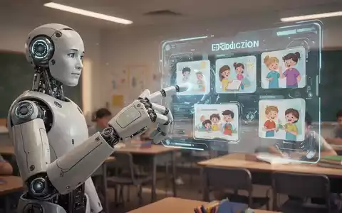 Eine Roboterhand interagiert mit einer holografischen Anzeige in einem modernen Klassenzimmer, symbolisierend technologischen Fortschritt in der Bildung. - Foto: über boerse-global.de