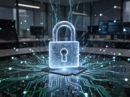 Leuchtendes digitales Vorhängeschloss auf einer Platine mit Binärcode und Datenströmen, symbolisiert Cybersicherheit und Compliance. - Foto: über boerse-global.de