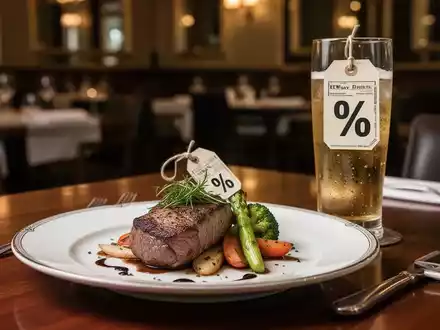 Ein Restauranttisch mit einem Teller Essen und einem Glas Getränk, beide mit unterschiedlichen Preisschildern, die neue Steuersätze darstellen. - Foto: über boerse-global.de