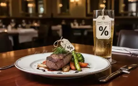 Ein Restauranttisch mit einem Teller Essen und einem Glas Getränk, beide mit unterschiedlichen Preisschildern, die neue Steuersätze darstellen. - Foto: über boerse-global.de