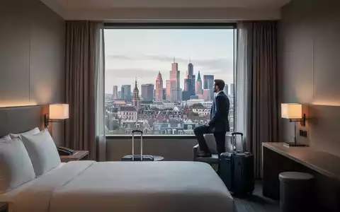 Ein Geschäftsreisender blickt aus einem ruhigen Hotelzimmer auf die Skyline einer geschäftigen Stadt in der Ferne. - Foto: über boerse-global.de