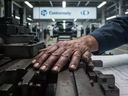 Nahaufnahme von Arbeiterhänden auf einer Maschine oder einem Bauplan, im Hintergrund eine verschwommene Autofabrik. Symbolisiert Arbeitsplatzunsicherheit. - Foto: über boerse-global.de