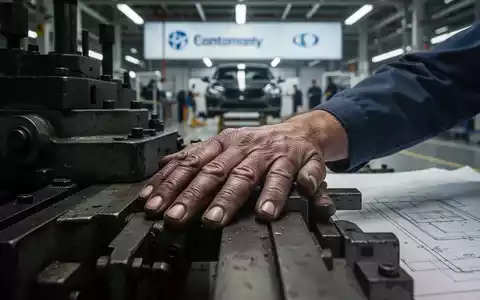 Nahaufnahme von ArbeiterhĂ€nden auf einer Maschine oder einem Bauplan, im Hintergrund eine verschwommene Autofabrik. Symbolisiert Arbeitsplatzunsicherheit. - Foto: ĂŒber boerse-global.de