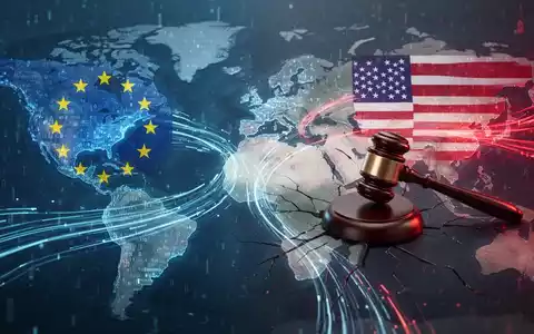 Abstrakte Darstellung von Datenströmen zwischen der EU und den USA mit einem zerbrochenen Richterhammer auf der US-Seite. - Foto: über boerse-global.de