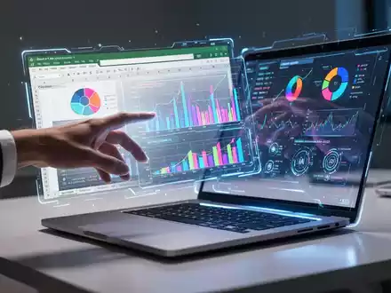 Eine Hand interagiert mit einem holografischen Excel-Blatt, das von einem Laptop projiziert wird und KI-gesteuerte Finanzdaten sowie Visualisierungen zeigt. - Foto: über boerse-global.de