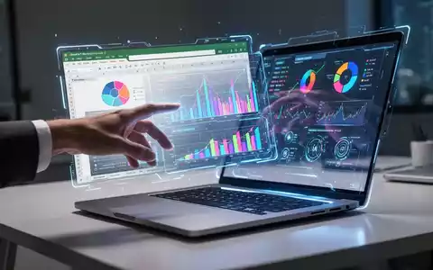 Eine Hand interagiert mit einem holografischen Excel-Blatt, das von einem Laptop projiziert wird und KI-gesteuerte Finanzdaten sowie Visualisierungen zeigt. - Foto: über boerse-global.de