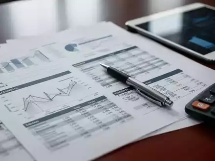 Nahaufnahme von Finanzdokumenten mit Diagrammen und Zahlen, daneben ein Stift und ein Taschenrechner, in einem professionellen Umfeld. - Foto: über boerse-global.de