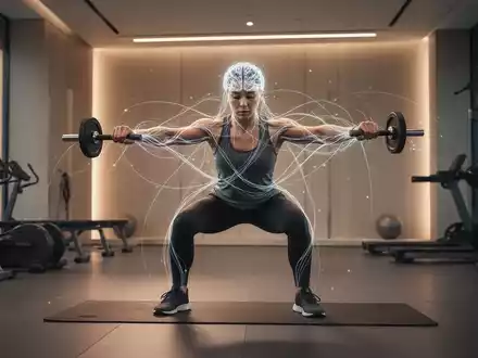 Eine Person führt eine konzentrierte, funktionelle Übung in einem modernen Fitnessstudio aus, umgeben von einem subtilen Leuchten, das neuronale Verbindungen symbolisiert. - Foto: über boerse-global.de