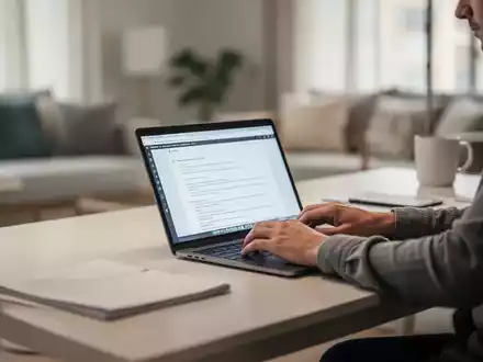 Eine Person arbeitet konzentriert an einem Laptop in einem modernen Homeoffice. Der Hintergrund ist unscharf und suggeriert eine häusliche Umgebung. - Foto: über boerse-global.de