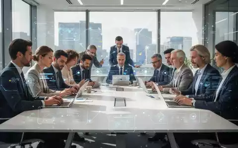 Geschäftsleute arbeiten an einem Konferenztisch mit digitalen Überlagerungen, die Effizienz und EU-Zusammenarbeit symbolisieren. - Foto: über boerse-global.de