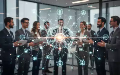Ein stilisiertes, leuchtendes neuronales Netz oder digitales Workflow-Diagramm überlagert eine Gruppe von Geschäftsleuten in einem modernen Büro. - Foto: über boerse-global.de