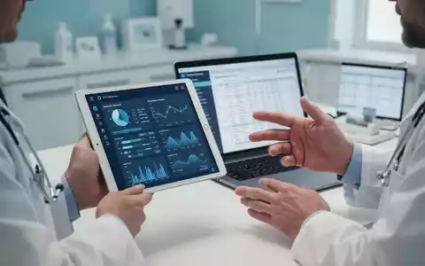 Nahaufnahme einer Hand, die ein Tablet mit einer medizinischen App hält, daneben ein Laptop mit Patientendaten in einer Arztpraxis. - Foto: über boerse-global.de