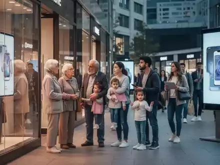 Verschiedene Personengruppen, darunter Senioren, Familien und junge Erwachsene, betrachten Schaufenster in einem Einkaufszentrum. - Foto: über boerse-global.de