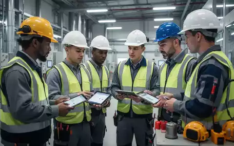 Sicherheitsexperten in Schutzkleidung in einem modernen Trainingsraum, die digitale Geräte und Sicherheitsausrüstung verwenden. - Foto: über boerse-global.de
