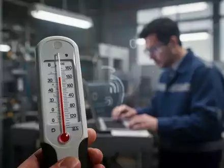 Digitales Thermometer zeigt hohe Temperatur an, mit einer verschwommenen Person, die im Hintergrund an einem heißen Arbeitsplatz arbeitet. - Foto: über boerse-global.de