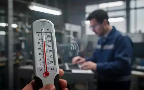 Digitales Thermometer zeigt hohe Temperatur an, mit einer verschwommenen Person, die im Hintergrund an einem heißen Arbeitsplatz arbeitet. - Foto: über boerse-global.de