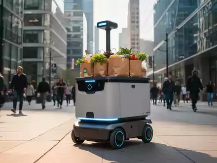 Ein autonomer Lieferroboter mit Lebensmitteln fährt über einen belebten Bürgersteig, im Hintergrund Stadtgebäude. - Foto: über boerse-global.de