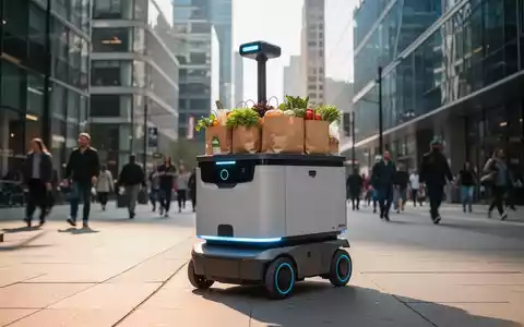 Ein autonomer Lieferroboter mit Lebensmitteln fährt über einen belebten Bürgersteig, im Hintergrund Stadtgebäude. - Foto: über boerse-global.de