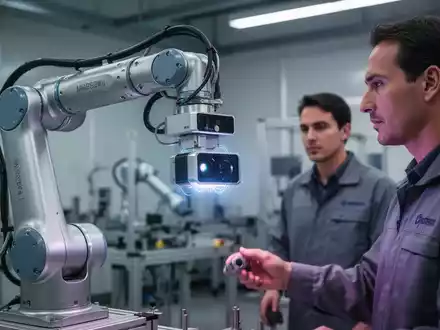 3D-Ultraschallsensor an kollaborativem Roboterarm, Mensch im Hintergrund, symbolisiert sichere Interaktion. - Foto: über boerse-global.de