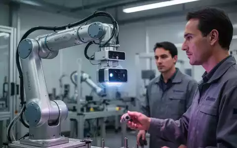 3D-Ultraschallsensor an kollaborativem Roboterarm, Mensch im Hintergrund, symbolisiert sichere Interaktion. - Foto: über boerse-global.de