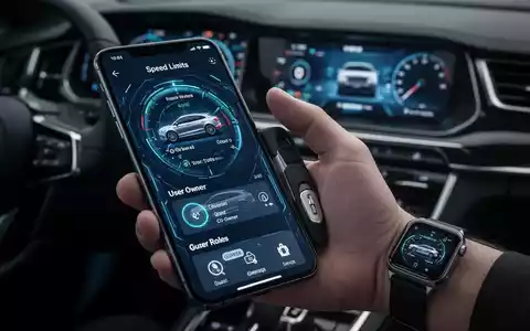 Smartphone-Bildschirm mit digitalem Autoschlüssel-Interface, Optionen für Zugriffsverwaltung, Geschwindigkeitsbegrenzungen und Benutzerrollen, Smartwatch im Hintergrund. - Foto: über boerse-global.de
