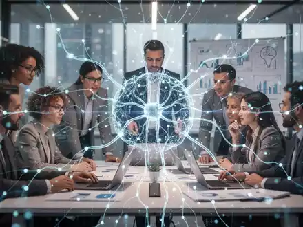 Ein futuristisches neuronales Netzwerk überlagert eine Gruppe von Fachleuten, die in einem modernen Büro zusammenarbeiten und KI-gestütztes Zielmanagement symbolisieren. - Foto: über boerse-global.de