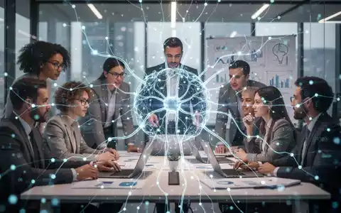 Ein futuristisches neuronales Netzwerk überlagert eine Gruppe von Fachleuten, die in einem modernen Büro zusammenarbeiten und KI-gestütztes Zielmanagement symbolisieren. - Foto: über boerse-global.de