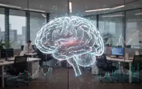 Ein stilisiertes, leuchtendes neuronales Netz überlagert mit Datenströmen und Finanzgrafiken in einer modernen Büroumgebung. - Foto: über boerse-global.de