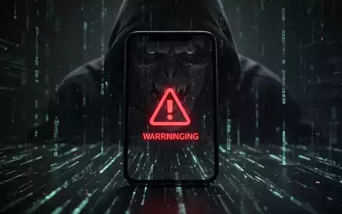 Ein Smartphone-Bildschirm zeigt eine Warnmeldung, im Hintergrund eine dunkle, bedrohliche digitale Silhouette, die einen Cyberangriff symbolisiert. - Foto: über boerse-global.de