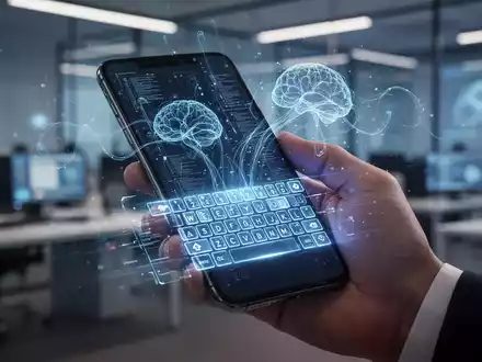 Eine Hand hält ein Smartphone mit einer leuchtenden, futuristischen KI-gestützten Tastaturoberfläche und dezenten digitalen Grafiken. - Foto: über boerse-global.de