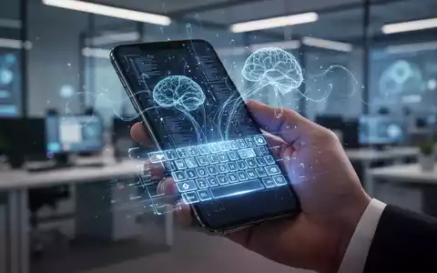 Eine Hand hält ein Smartphone mit einer leuchtenden, futuristischen KI-gestützten Tastaturoberfläche und dezenten digitalen Grafiken. - Foto: über boerse-global.de