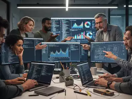 Erwachsene in einem modernen Workshop lernen Programmieren, Datenanalyse und Design an Laptops und Bildschirmen. - Foto: über boerse-global.de