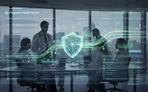 Eine digitale Benutzeroberfläche einer elektronischen Patientenakte mit Datenströmen, überlagert von stilisierten Silhouetten von Arzt und Patient. - Foto: über boerse-global.de