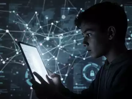 Eine Silhouette einer jungen Person, die auf einen leuchtenden Bildschirm schaut, mit einem verschwommenen digitalen Hintergrund. - Foto: über boerse-global.de