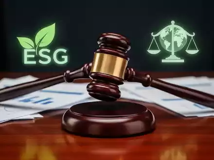Ein stilisierter, schwerer Richterhammer trifft auf einen Klangblock auf einem polierten Holzschreibtisch. Im Hintergrund verschwommene Finanzdokumente und ein subtiles, leuchtendes ESG-Symbol. - Foto: über boerse-global.de