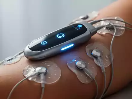 Nahaufnahme eines modernen Elektrostimulationsgeräts mit blauen Lichtern und Elektroden auf einem Arm, das Schmerzbehandlung symbolisiert. - Foto: über boerse-global.de