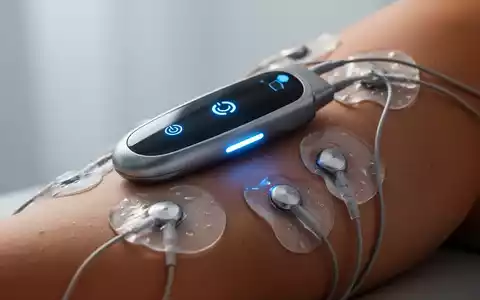 Nahaufnahme eines modernen Elektrostimulationsgeräts mit blauen Lichtern und Elektroden auf einem Arm, das Schmerzbehandlung symbolisiert. - Foto: über boerse-global.de