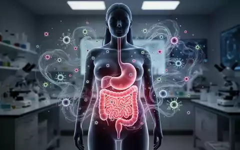 Ein stilisiertes, leuchtendes Darmmodell in einem weiblichen Torso, umgeben von wirbelnden Hormonen und Immunzellen in einem Labor. - Foto: über boerse-global.de