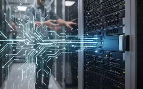 Stilisierte neuronale Netzstruktur über modernem Serverrack, verschwommene Hände im Hintergrund, symbolisiert KI-Bereitstellung und Zusammenarbeit. - Foto: über boerse-global.de